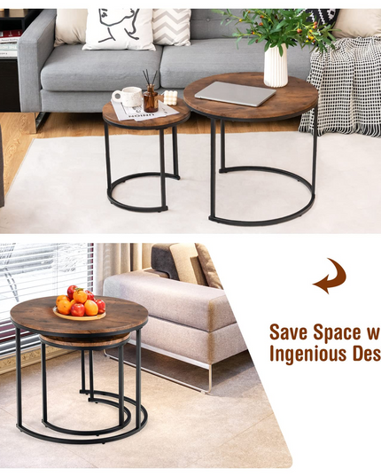 Nesting Coffee Table Set of 2, Round Stacking Side Tables w/Wooden Tabletop & Steel Frame