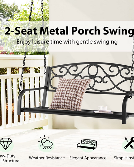 Metal Porch Swings 2 Person Outdoor Hanging Garden Bench with Sturdy Chains
