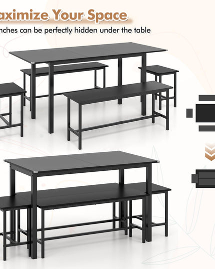Giantex Dining Table Set for 4-6, 5-Piece Kitchen Table Chairs Set, 63” Extendable Table with 2 Benches