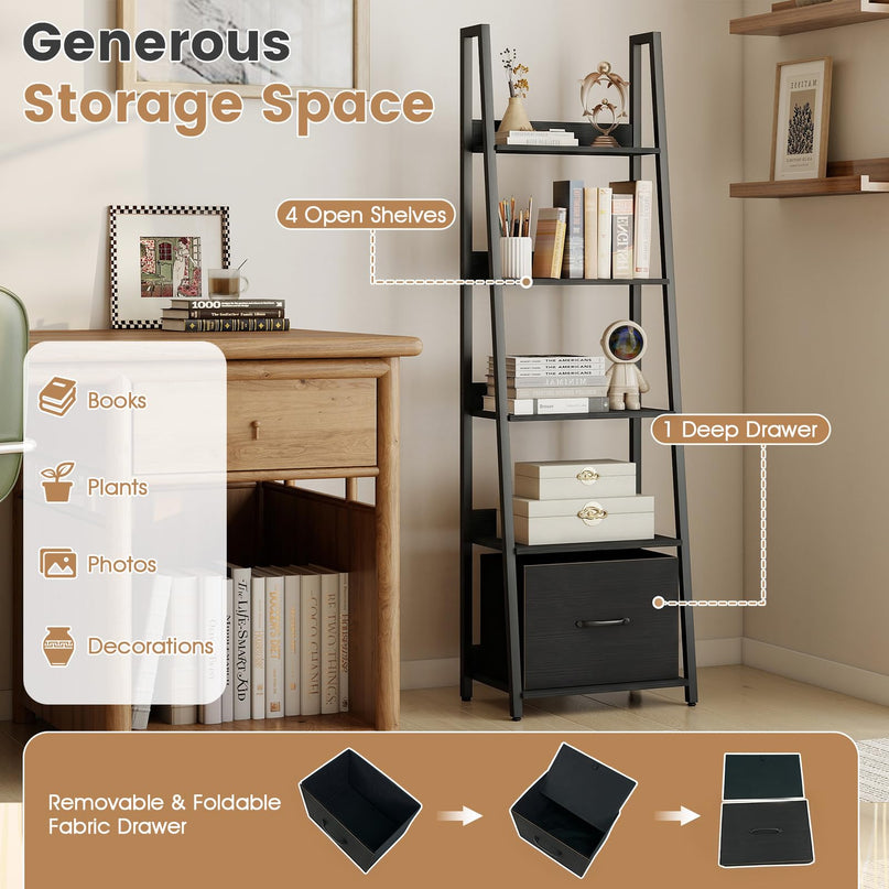Giantex Modern Freestanding 5-Tier Ladder Bookshelf with Removable Fabric Drawer
