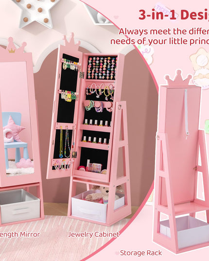 CHARMAID Kids Mirror Jewelry Cabinet - 45.5'' Standing Jewelry Armoire with Full Length Mirror