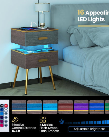Giantex Nightstand with Charging Station & LED Lights, 28.5" Bedside Table with 2 Drawers