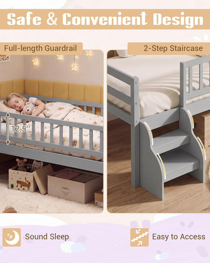 Giantex Low Profile Twin Size Platform Bed Frame with Stairs & Safety Guardrails