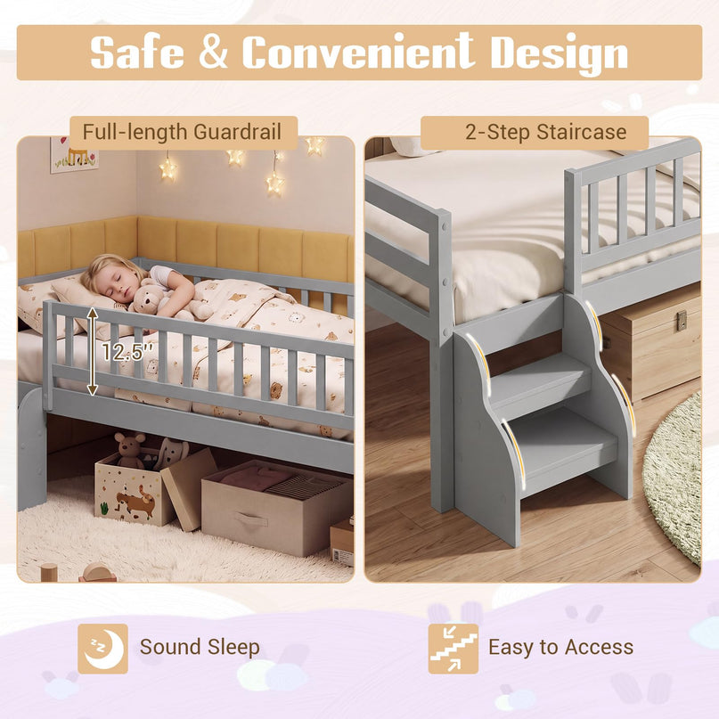Giantex Low Profile Twin Size Platform Bed Frame with Stairs & Safety Guardrails