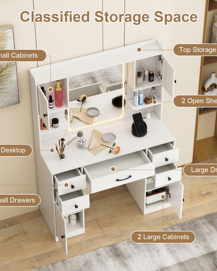 CHARMAID Vanity Desk with Mirror and Lights, White Makeup Vanity Desk with 5 Drawers
