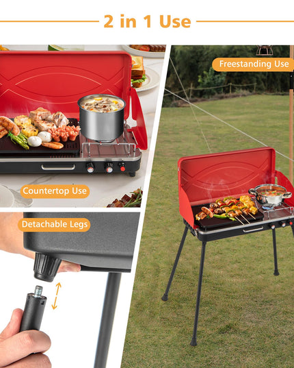 Giantex 2-in-1 Gas Camping Grill and Stove, Portable Propane Grill Burner, Gas Hose with Regulator, 20,000 Total BTUs (Red)