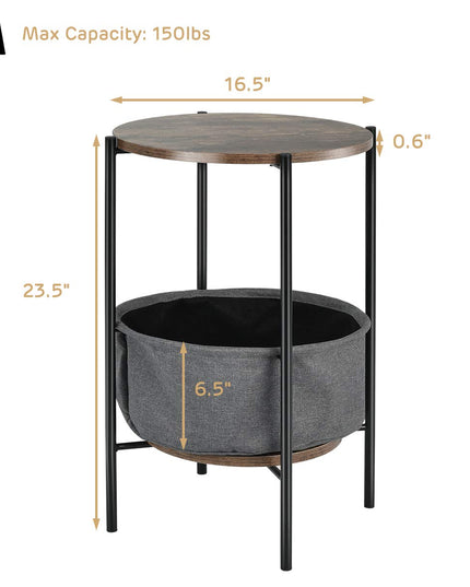 End Table Round Sofa Side Table W/Durable Storage Fabric Basket