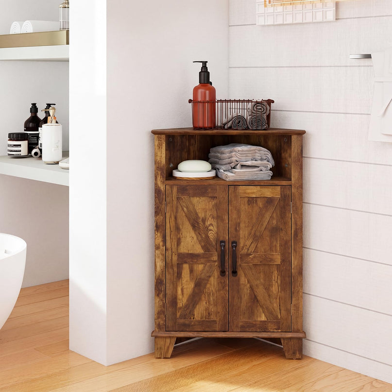 Giantex Farmhouse Bathroom Floor Corner Storage Cabinet with Open Storage