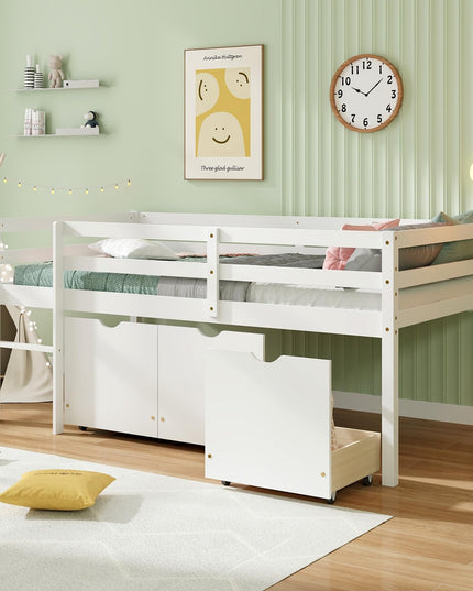 Giantex Twin Low Loft Bed with 3 Drawers, Wooden Loft Bed Frame with Ladder & Full-length Guardrails