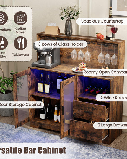 GIANTEX Wine Bar Cabinet with LED Lights & Charging Station