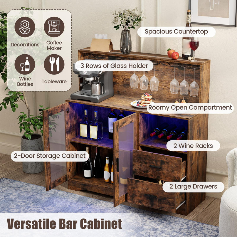 GIANTEX Wine Bar Cabinet with LED Lights & Charging Station