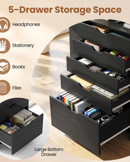 GIANTEX 5-Drawer Wood Compact Foldable Drop-Leaf Computer Desk with Wheels
