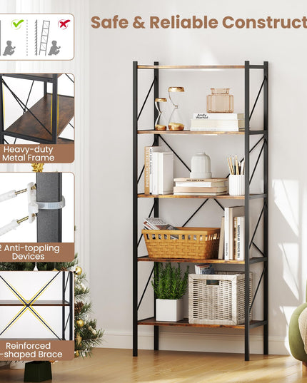 Giantex 5-Tier Bookshelf, Industrial Tall Bookcase with Open Storage Shelves & Heavy Duty Metal Frame
