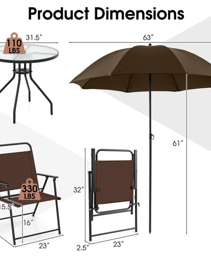 Giantex 6 Pieces Patio Dining Set, Folding Patio Chairs Set of 4, Tempered Glass Umbrella Table with Hole