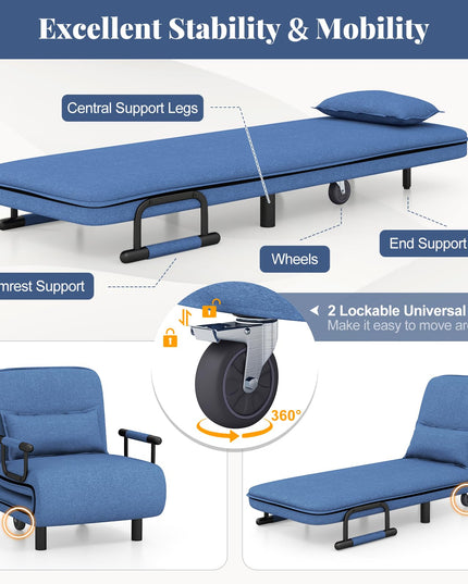 Giantex Convertible Sofa Bed, 3-in-1 Folding Sleeper Chair with 5-Position Adjustable Backrest, Wheels, 2 Legs