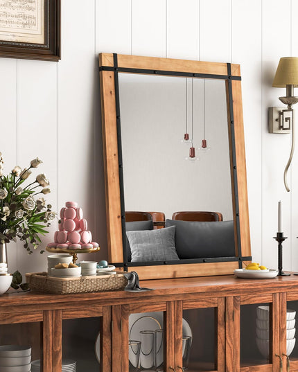 CHARMAID Wall Mirror, Farmhouse Vanity Mirror with Solid Wood Frame, Hanging Hooks