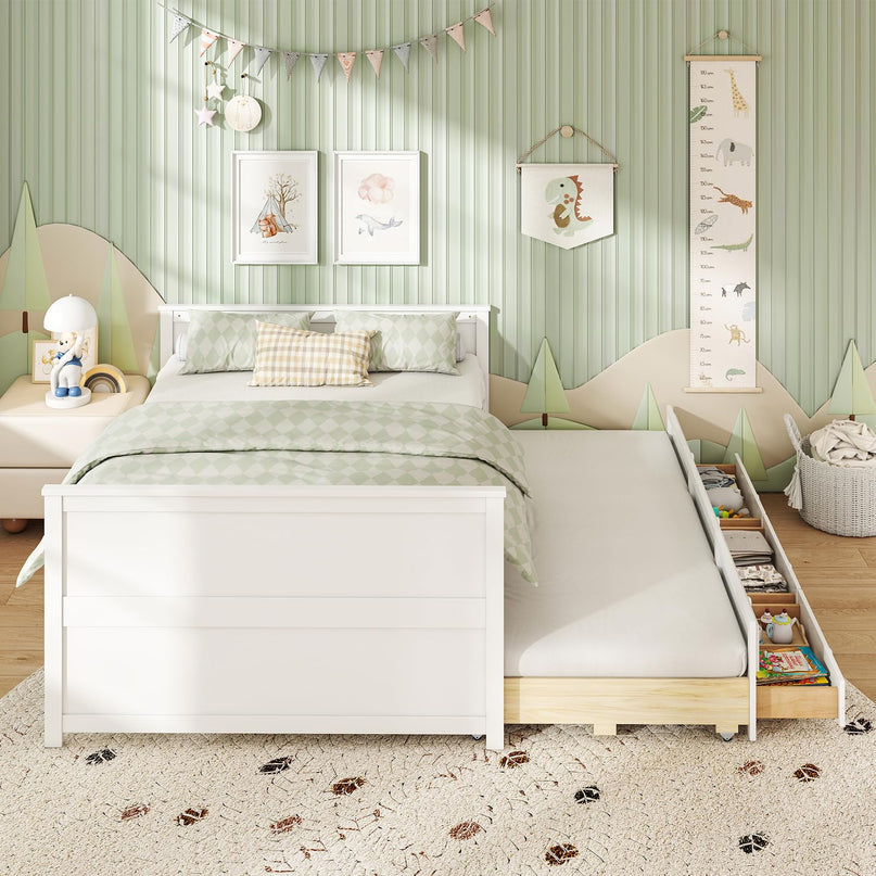Giantex Full Size Bed Frame with Twin Trundle & 3 Storage Drawers