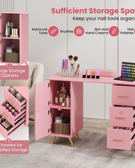 Giantex Manicure Table Nail Desk - Nail Table Station with 3 Drawers, 2 Storage Cabinet, Wrist Rest
