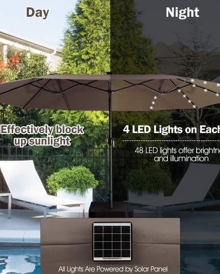 15ft Large Outdoor Umbrella Double-Sided, 48 Solar Lights, Auto-Charging Solar Panel
