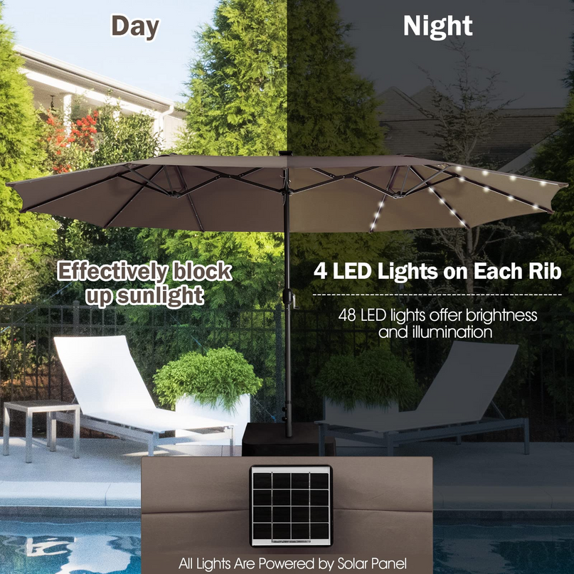 15ft Large Outdoor Umbrella Double-Sided, 48 Solar Lights, Auto-Charging Solar Panel