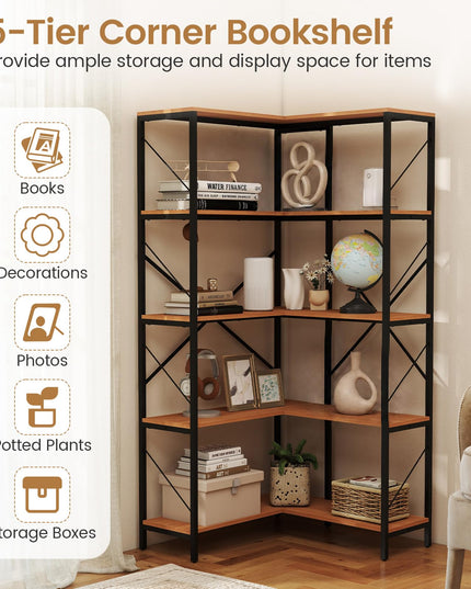 GIANTEX 5-Tier Corner Bookshelf | L-Shaped Large Bookcase with Metal Frame