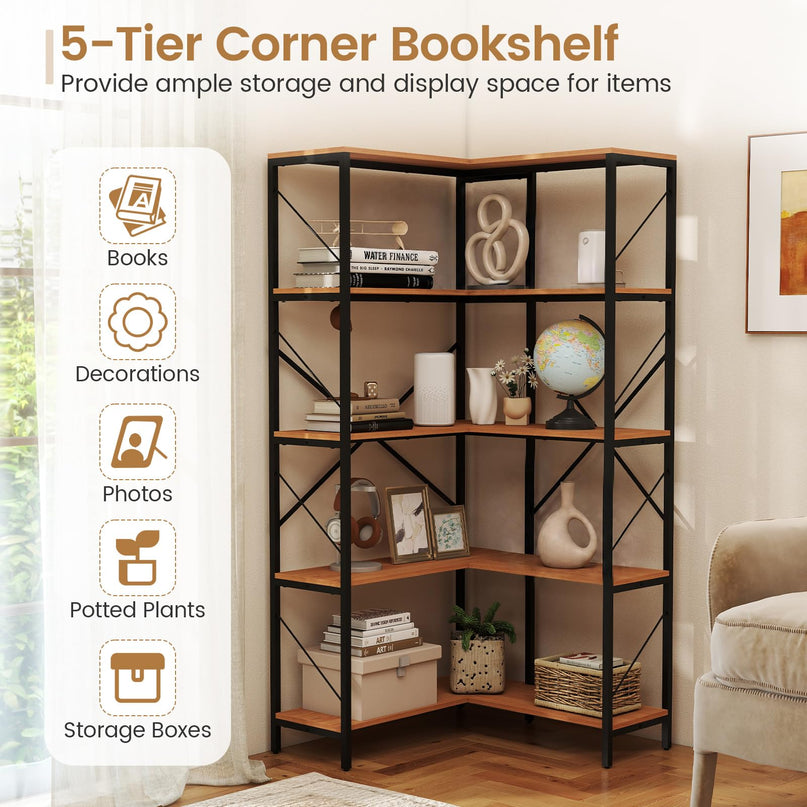GIANTEX 5-Tier Corner Bookshelf | L-Shaped Large Bookcase with Metal Frame