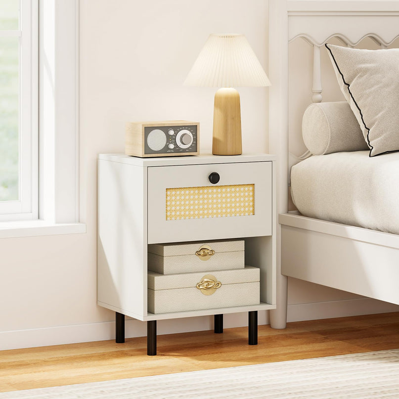 Giantex Rattan Nightstand with Drawer Set of 1/2 Modern Bed Side Table