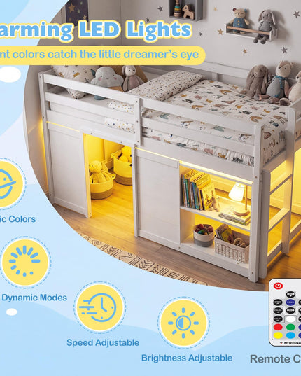 Giantex Loft Bed Twin Size with LED Lights with Under-Bed Play Space & Storage Bookcase