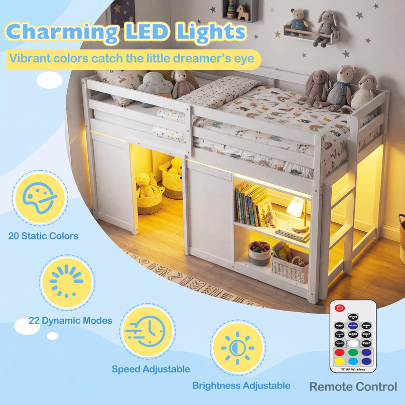 Giantex Loft Bed Twin Size with LED Lights with Under-Bed Play Space & Storage Bookcase