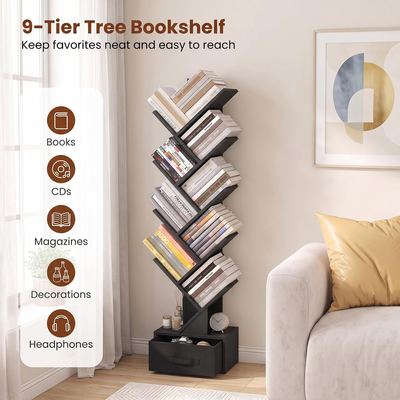 GIANTEX 9-Tier Tree Bookshelf with Drawer for Home Office