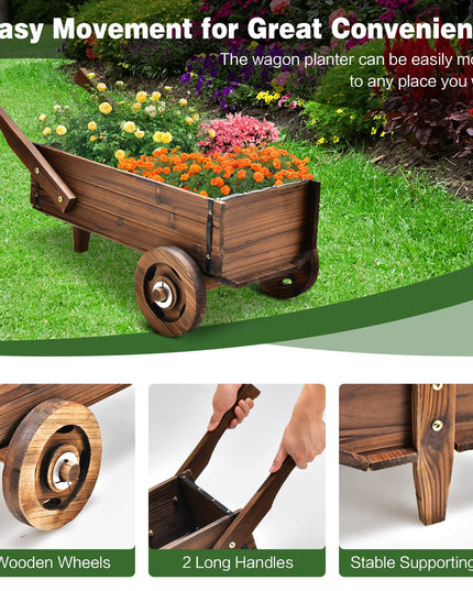 Giantex Wooden Wagon Planter Box, Decorative Wagon Cart with Wheels, Handles
