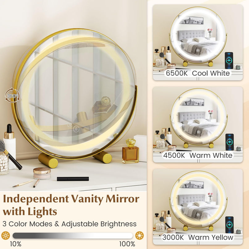 Coiffeuse avec miroir lumineux et station de charge pour chambre de fille