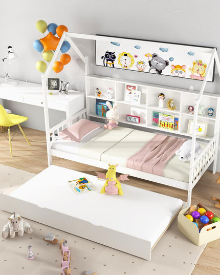 Giantex Twin House Bed with Trundle, Solid Wood Bed Frame with Roof & 8 Cube Bookcase