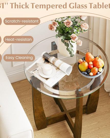 Giantex Round Glass End Table - 24’’ Side Table with Tempered Glass Top