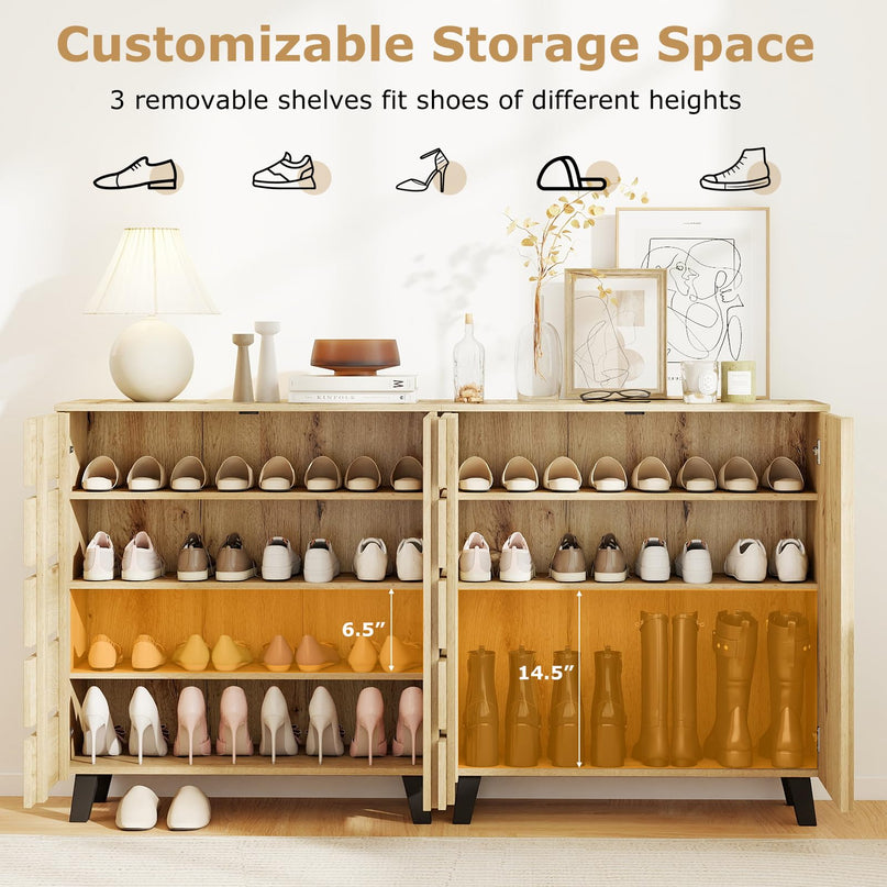 Giantex 4 Tier Farmhouse Shoe Rack Cabinet with 2 Slatted Doors & Removable Shelves