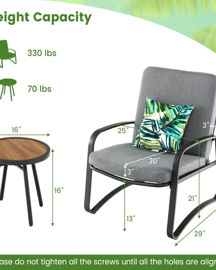 Giantex 3 Pcs Patio Bistro Set, Set of 2 Porch Chairs with Cushion & Lumbar Pillow (Gray)