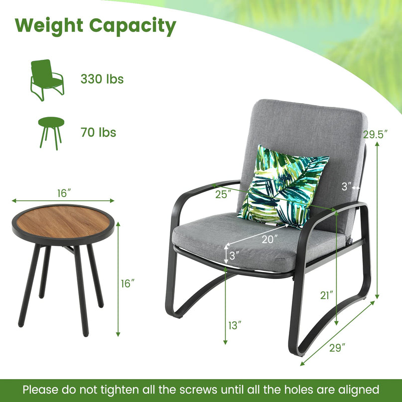 Giantex 3 Pcs Patio Bistro Set, Set of 2 Porch Chairs with Cushion & Lumbar Pillow (Gray)