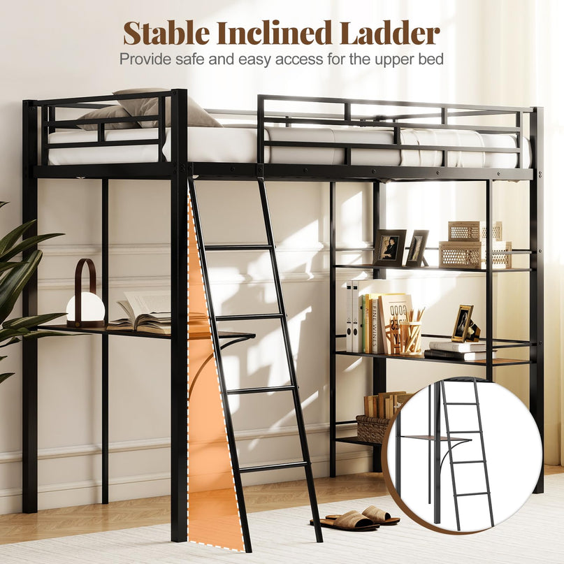 Giantex Twin Size Loft Bed with Desk & Shelves