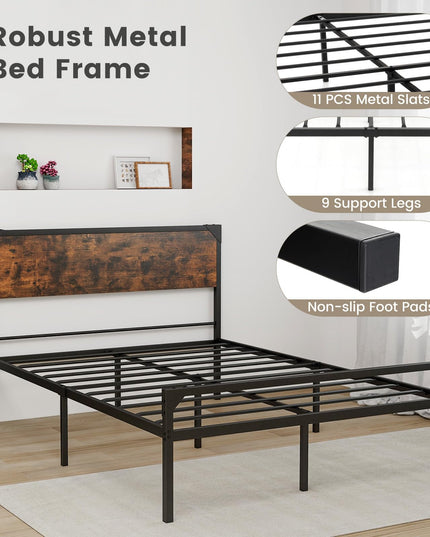 Giantex Full Size Bed Frame with Rustic Headboard & Footboard, Strong Metal Slat Support Mattress Foundation