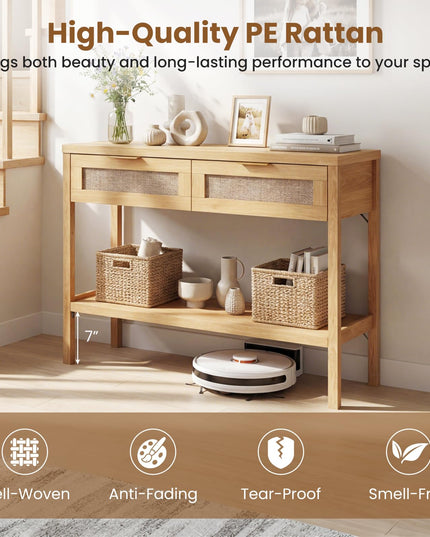 Giantex 40" Rattan Console Table with 2 Drawers & Shelf, 2 Anti-Tipping Kits