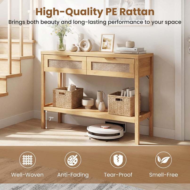 Giantex Table console en rotin de 101,6 cm avec 2 tiroirs et étagère, 2 kits anti-basculement