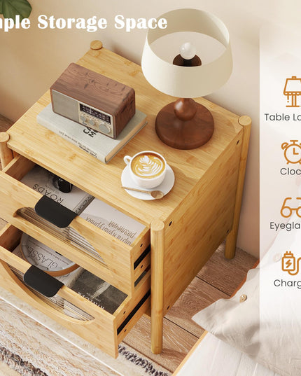 Giantex Bamboo Nightstand, Mid-Century Modern Bedside Table with 2 Storage Drawers & Tempered Glass