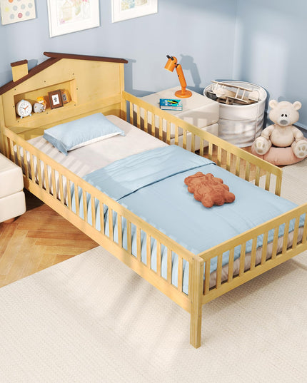 Giantex Twin Bed Frames for Kids, Solid Wood Montessori Bed with House-Shaped Headboard & Built-in Storage Shelf