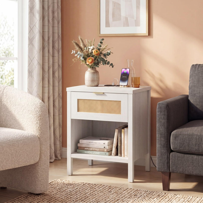 Giantex Rattan Night Stand with Charging Station