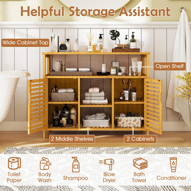 Giantex Bamboo Bathroom Storage Cabinet for Living Room Entryway Kitchen Dining Room