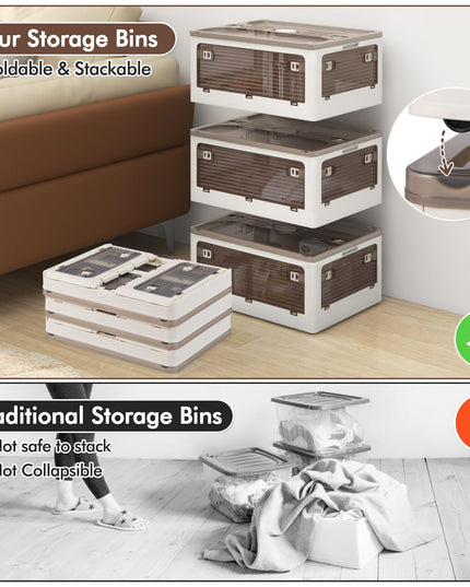 Giantex Storage Bins with Lids and Hidden Wheels, 3/6 Pack Stackable Collapsible Storage Boxes with 5 Opening Doors