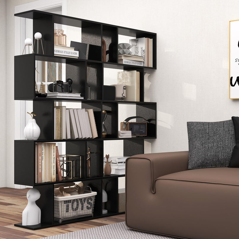 Giantex 5-Tier Geometric Bookshelf, 62.5" Tall Wood S-Shaped Bookcase with Anti-Tipping Device