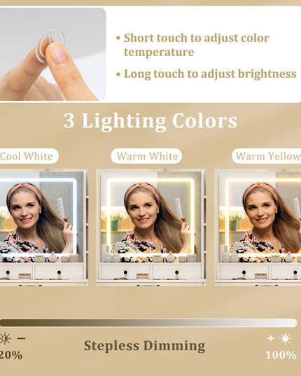 CHARMAID Makeup Vanity Table with Charging Station | White Bedroom Dressing Table with Chair