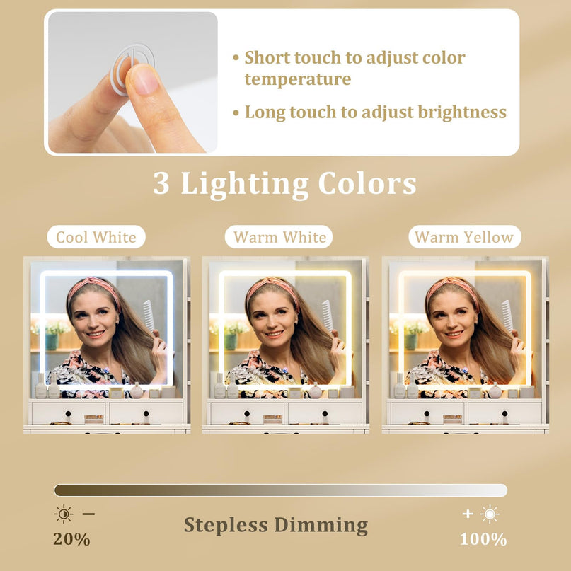 CHARMAID Makeup Vanity Table with Charging Station | White Bedroom Dressing Table with Chair