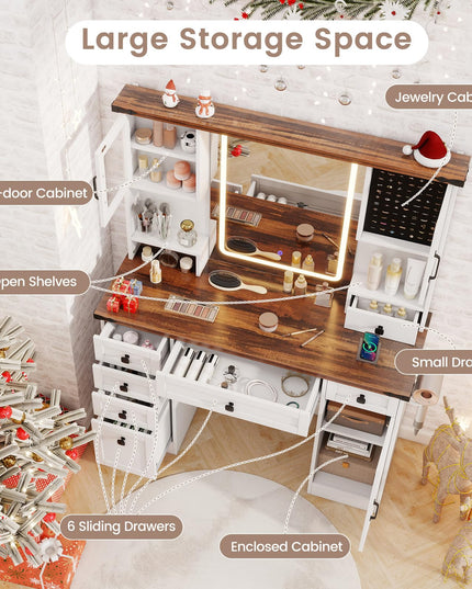 CHARMAID Vanity Desk with Mirror and Lights, Farmhouse Makeup Vanity Desk with 7 Drawers, 45" White Vanity Dressing Table for Bedroom